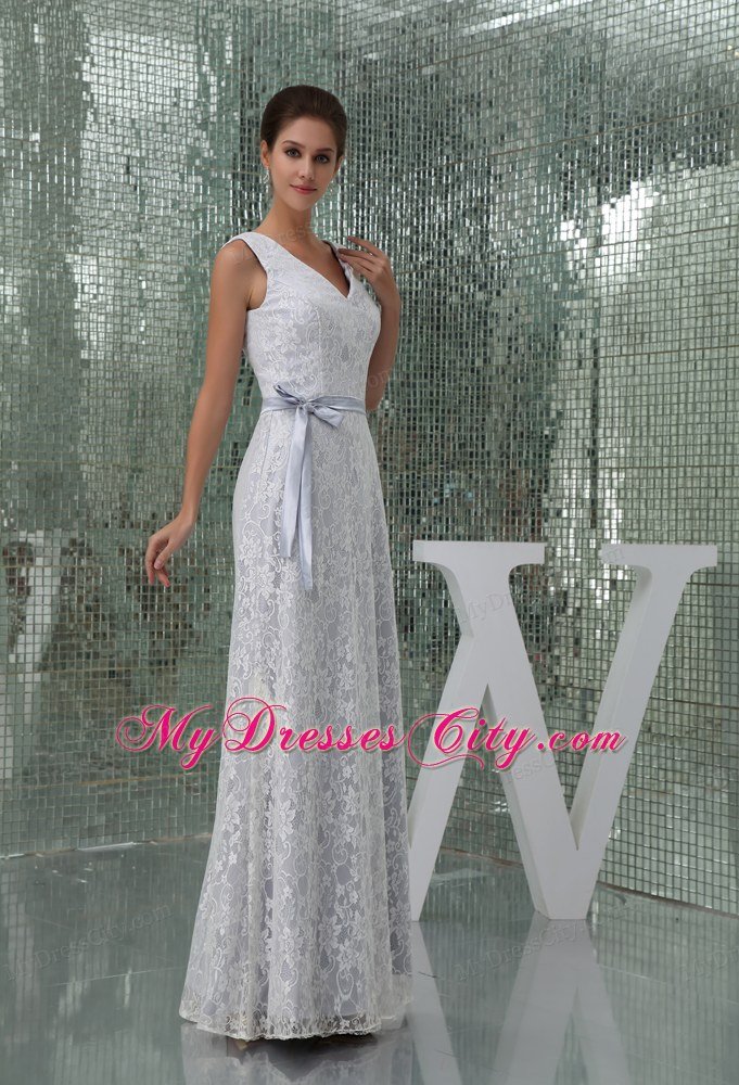 Floor-length Column V-neck Lace Wedding Dress with Sash