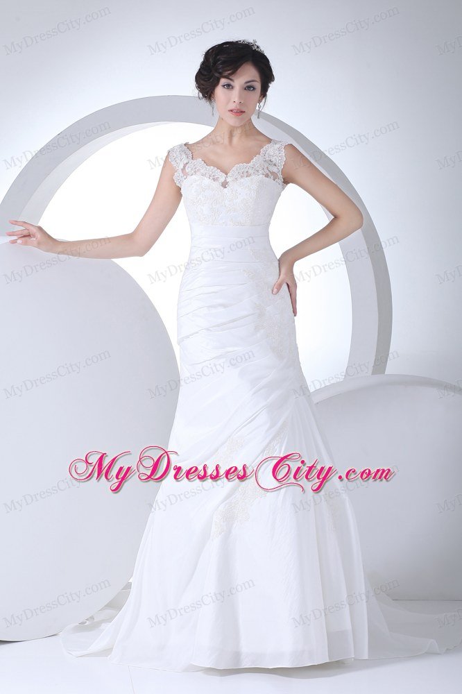 Column V-neck Appliques Ruching Wedding Dress Brush Train