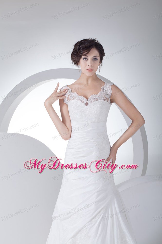 Column V-neck Appliques Ruching Wedding Dress Brush Train