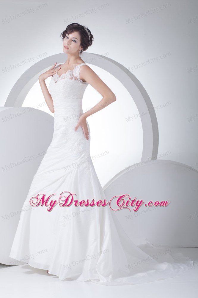 Column V-neck Appliques Ruching Wedding Dress Brush Train