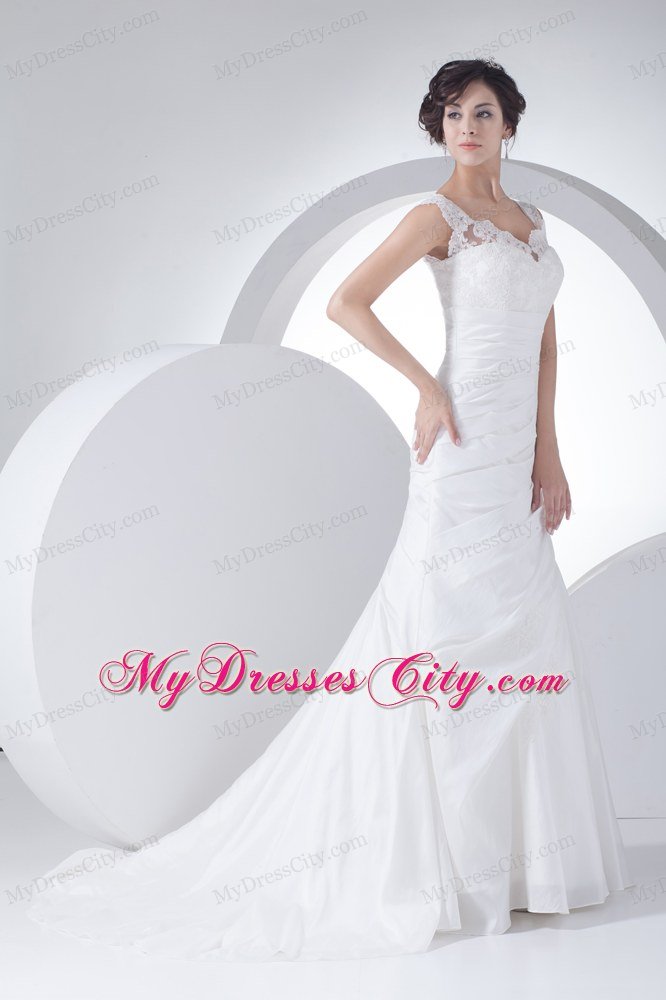 Column V-neck Appliques Ruching Wedding Dress Brush Train