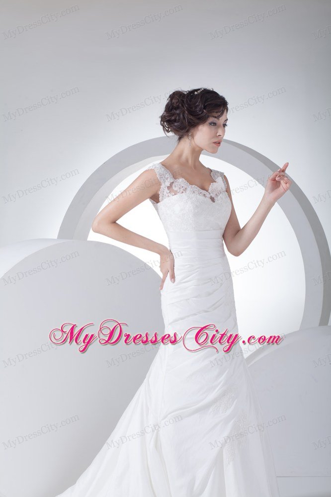 Column V-neck Appliques Ruching Wedding Dress Brush Train