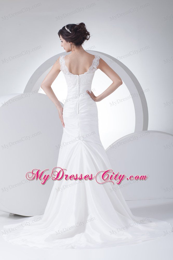 Column V-neck Appliques Ruching Wedding Dress Brush Train