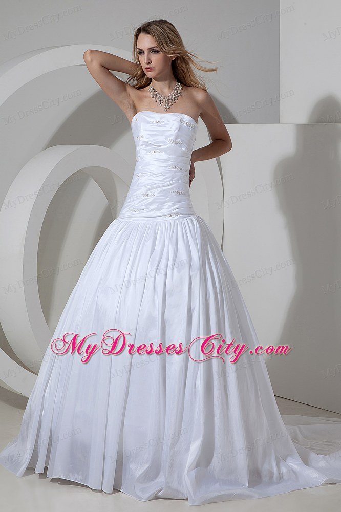 Elegant Princess Strapless Ruching Beading Garden Wedding Dress