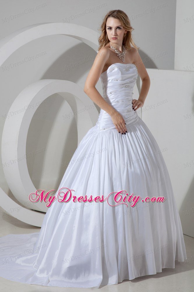 Elegant Princess Strapless Ruching Beading Garden Wedding Dress