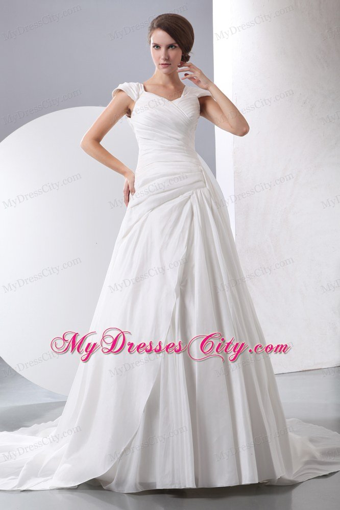 Simple V-neck Ruching Princess Wedding Dress With Cap Sleeves