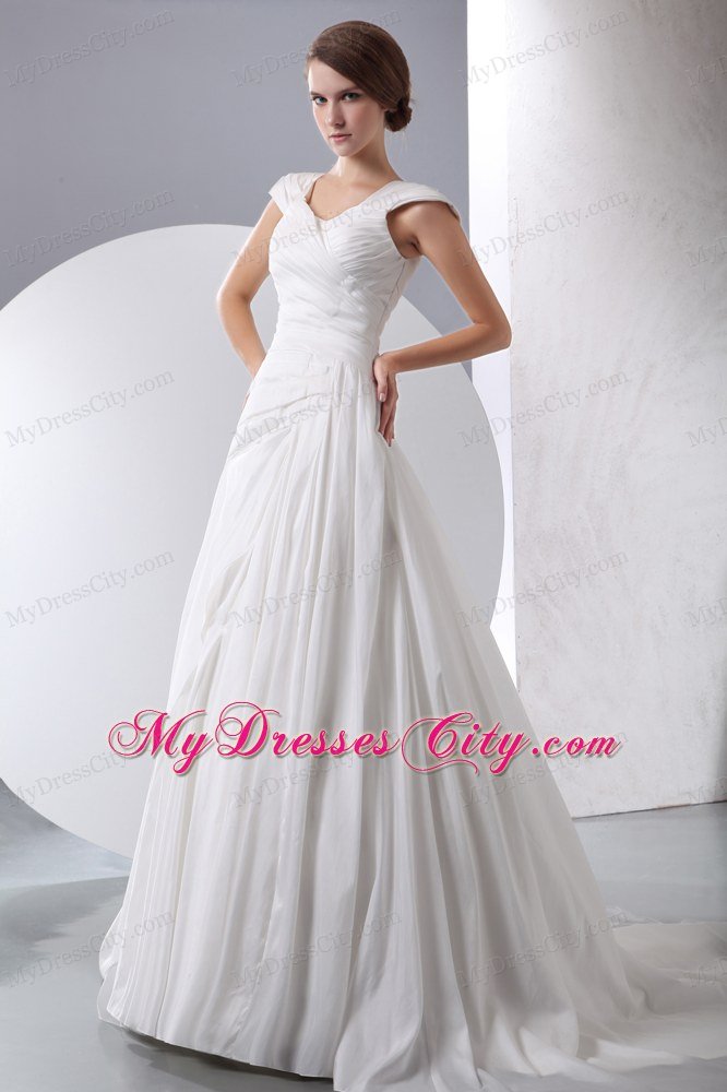 Simple V-neck Ruching Princess Wedding Dress With Cap Sleeves