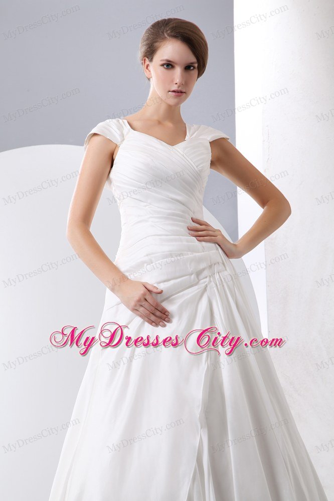 Simple V-neck Ruching Princess Wedding Dress With Cap Sleeves