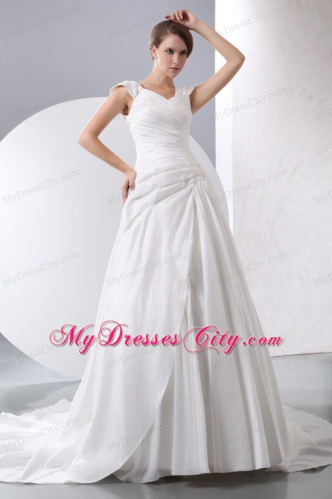 Simple V-neck Ruching Princess Wedding Dress With Cap Sleeves