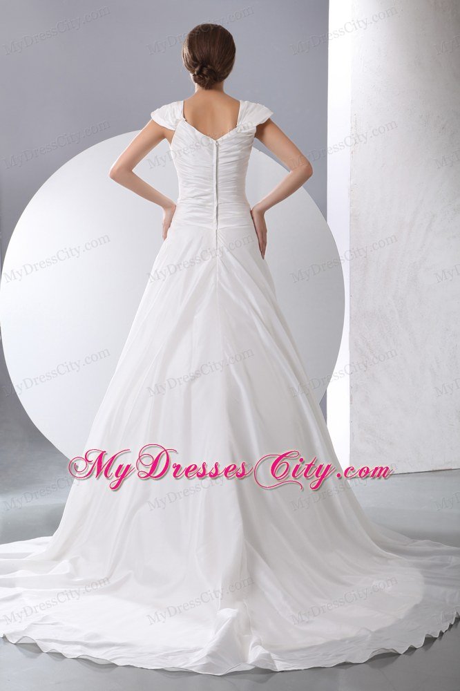 Simple V-neck Ruching Princess Wedding Dress With Cap Sleeves