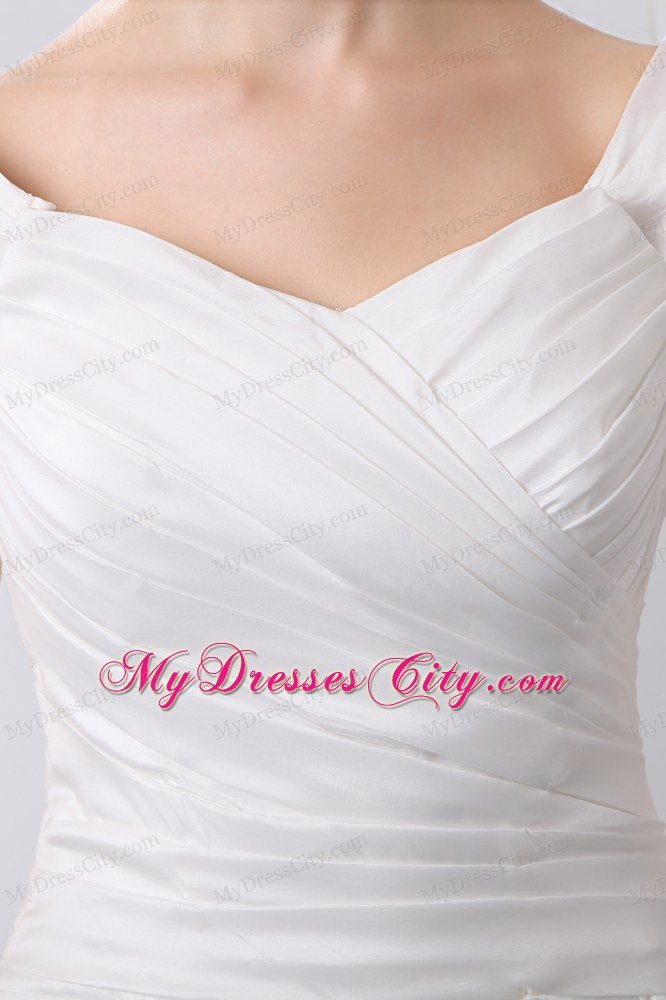 Simple V-neck Ruching Princess Wedding Dress With Cap Sleeves