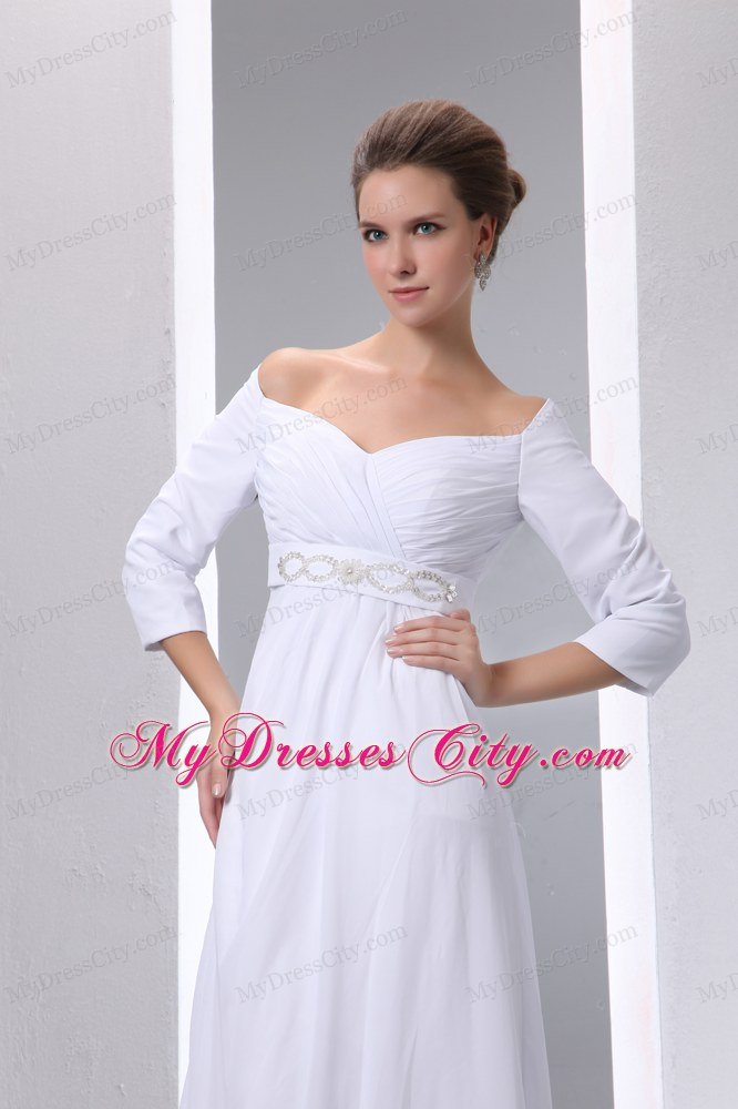 Empire Off The Shoulder Beading Wedding Dress with 3 4 Sleeves