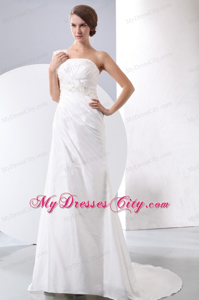 Beaded Decorate Shoulder Column Wedding Dress with Appliques