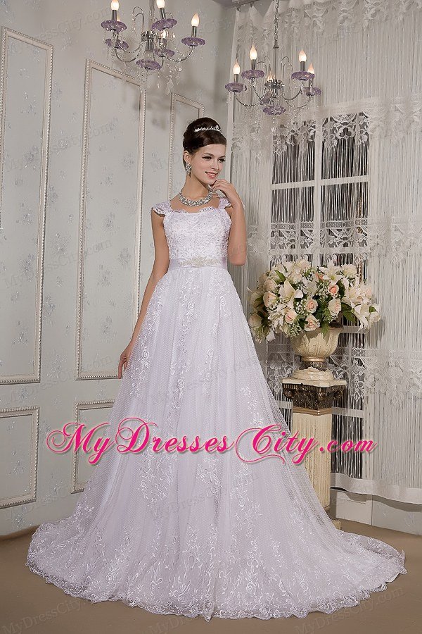 Brand New A-line Square Lace Sash Wedding Dress with Cap Sleeves