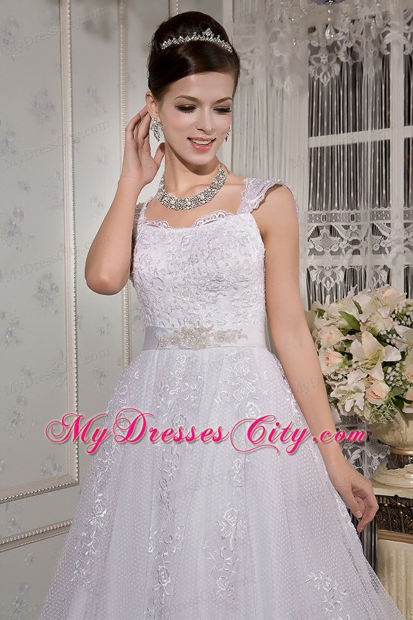 Brand New A-line Square Lace Sash Wedding Dress with Cap Sleeves