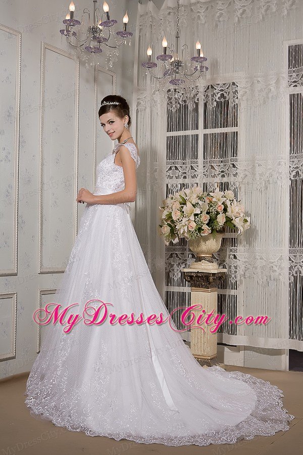 Brand New A-line Square Lace Sash Wedding Dress with Cap Sleeves