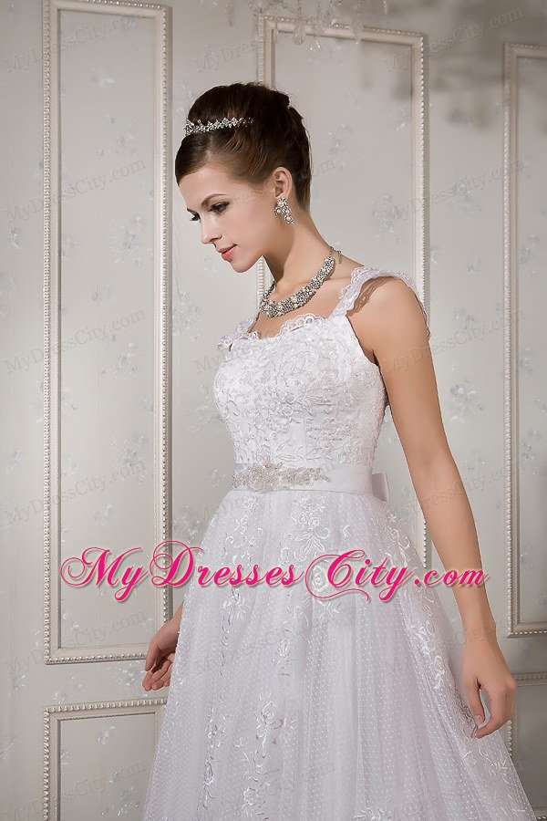 Brand New A-line Square Lace Sash Wedding Dress with Cap Sleeves