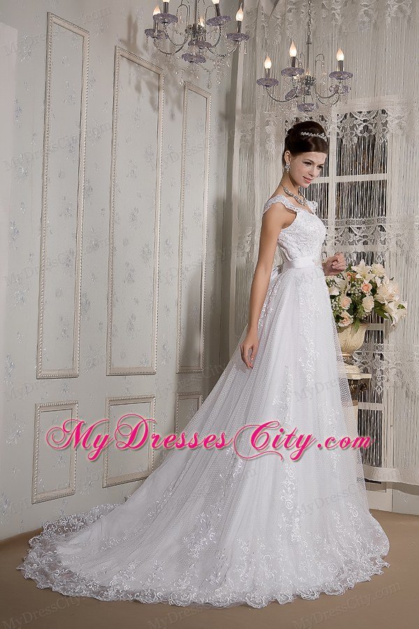 Brand New A-line Square Lace Sash Wedding Dress with Cap Sleeves