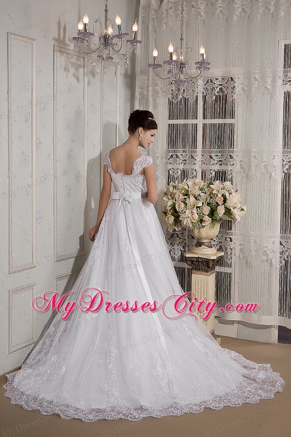 Brand New A-line Square Lace Sash Wedding Dress with Cap Sleeves