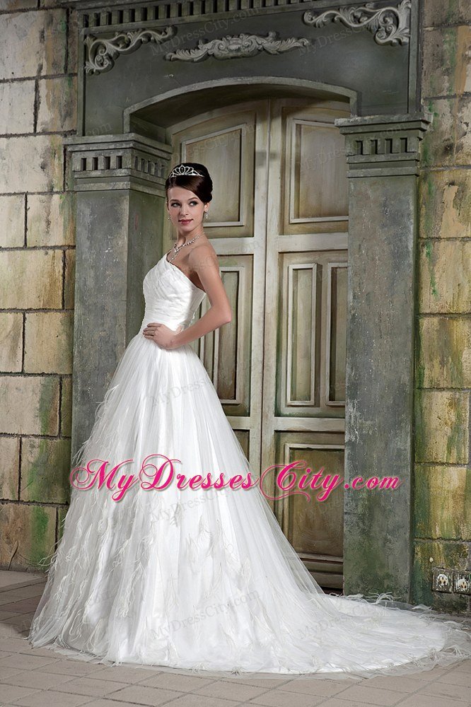 Exclusive Single Shoulder Ruching Wedding Gown With ostrich Feather