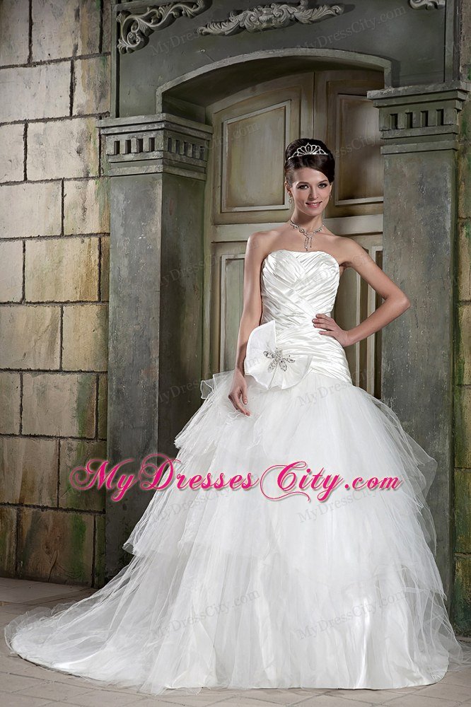 Princess Strapless Ruching flower Wedding Dress with Chapel Train