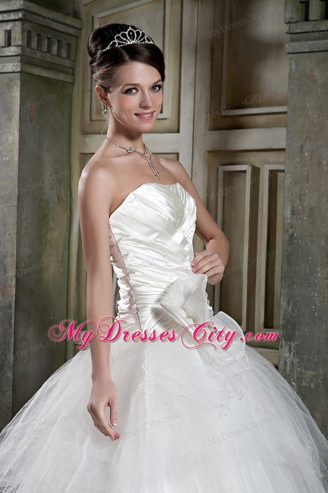 Princess Strapless Ruching flower Wedding Dress with Chapel Train