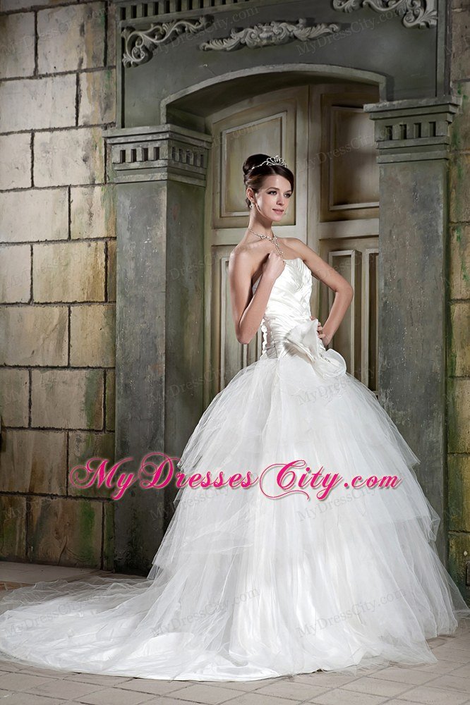 Princess Strapless Ruching flower Wedding Dress with Chapel Train