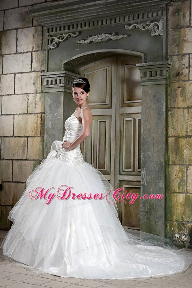 Princess Strapless Ruching flower Wedding Dress with Chapel Train