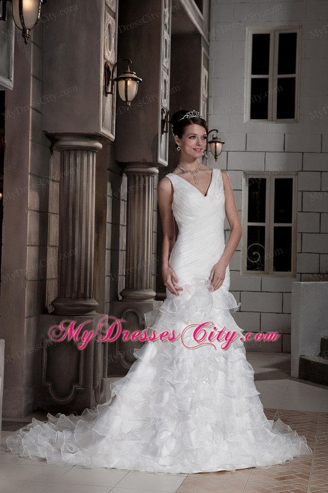 Pretty Column V-neck Ruching Ruffled Layers 2013 Wedding Dresses