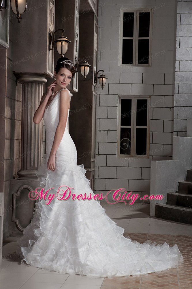 Pretty Column V-neck Ruching Ruffled Layers 2013 Wedding Dresses