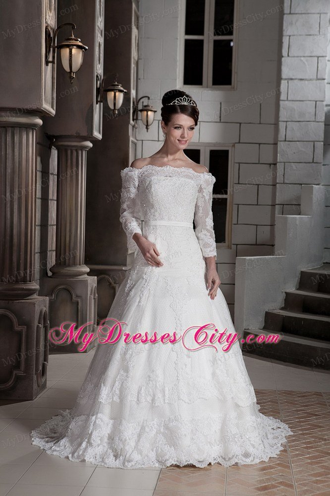 Princess Off The Shoulder Appliques Wedding Dress with 3 4 Sleeves