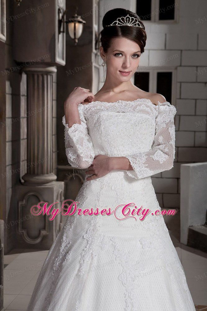 Princess Off The Shoulder Appliques Wedding Dress with 3 4 Sleeves