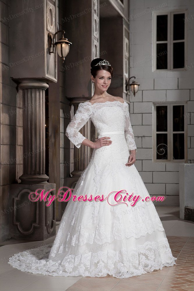 Princess Off The Shoulder Appliques Wedding Dress with 3 4 Sleeves