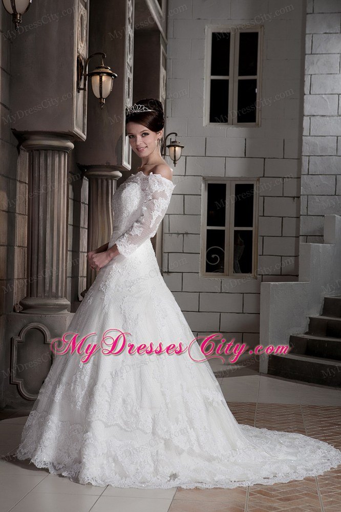 Princess Off The Shoulder Appliques Wedding Dress with 3 4 Sleeves