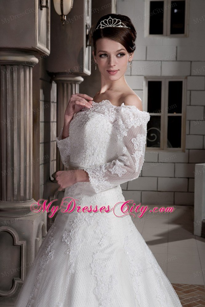 Princess Off The Shoulder Appliques Wedding Dress with 3 4 Sleeves