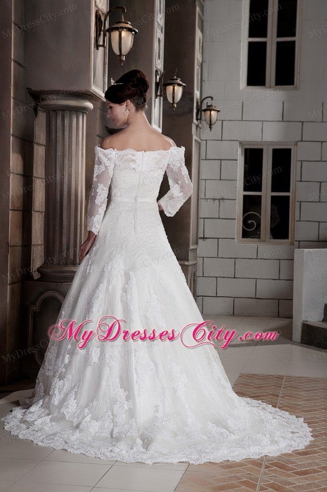 Princess Off The Shoulder Appliques Wedding Dress with 3 4 Sleeves