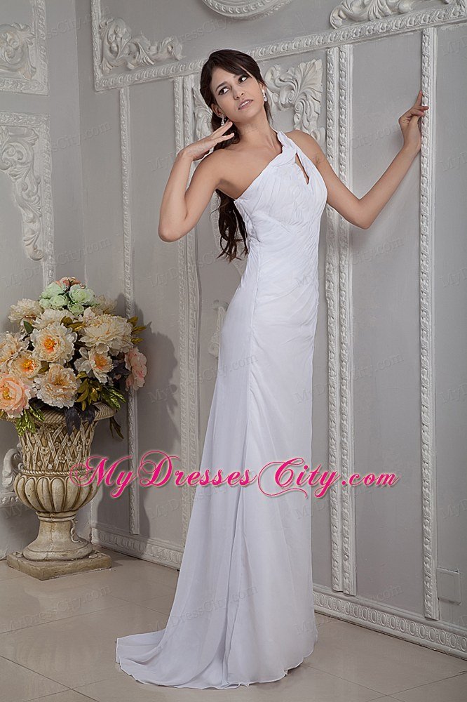 Cheap High Slit Column Single Shoulder Ruching Hall Wedding Dresses