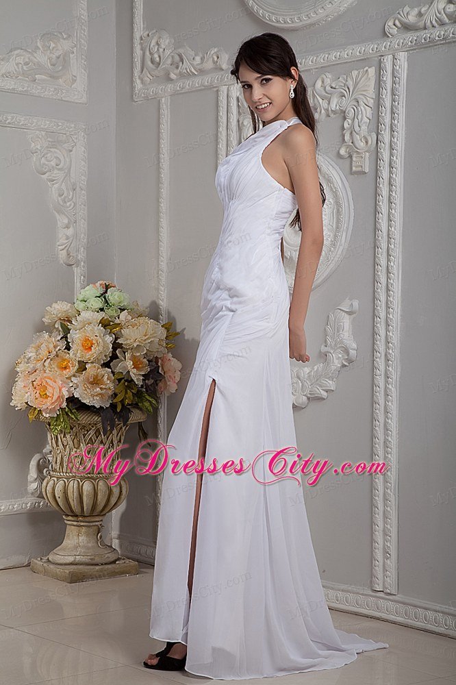 Cheap High Slit Column Single Shoulder Ruching Hall Wedding Dresses