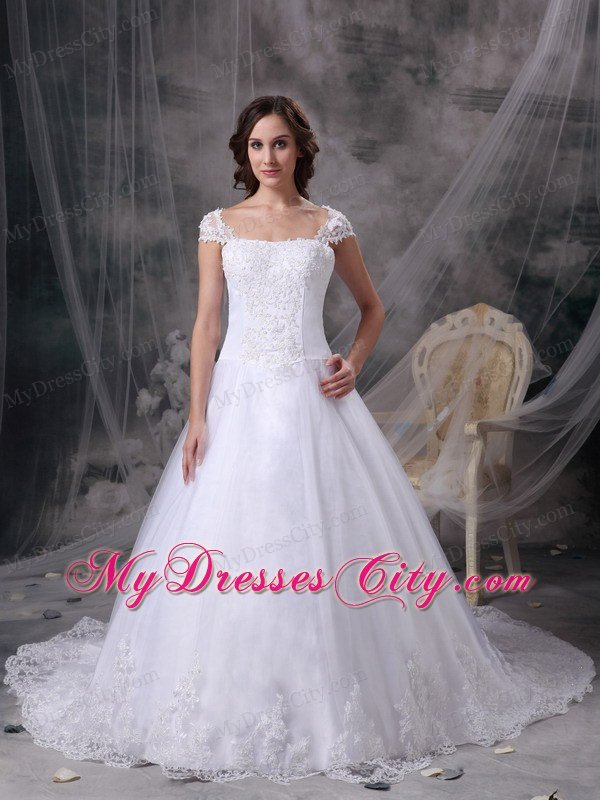 Romantic A-line Square Court Train Lace Wedding Dress with Cap Sleeves