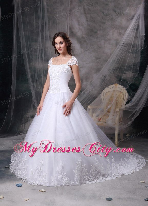 Romantic A-line Square Court Train Lace Wedding Dress with Cap Sleeves