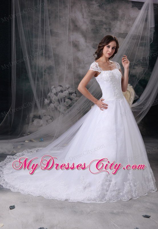 Romantic A-line Square Court Train Lace Wedding Dress with Cap Sleeves