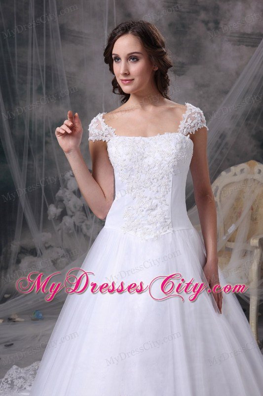 Romantic A-line Square Court Train Lace Wedding Dress with Cap Sleeves