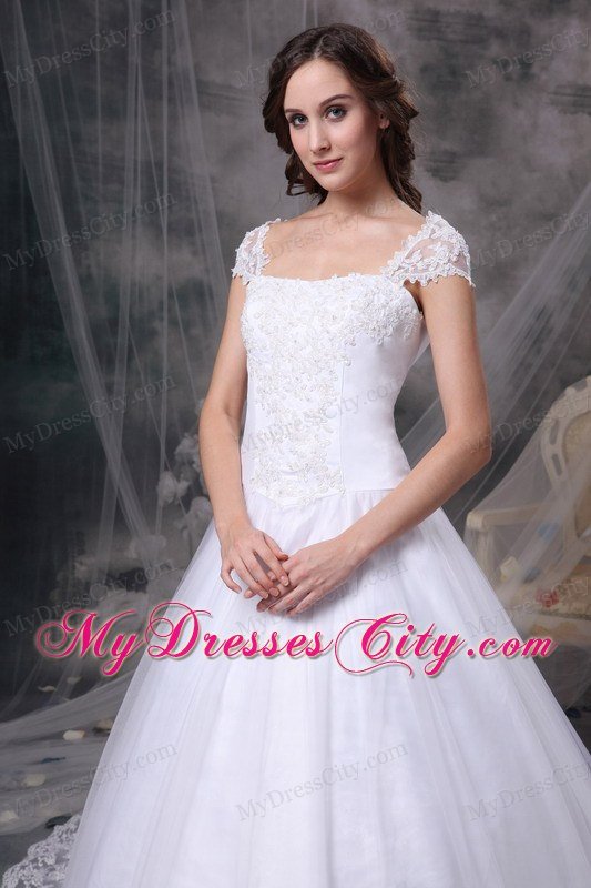 Romantic A-line Square Court Train Lace Wedding Dress with Cap Sleeves