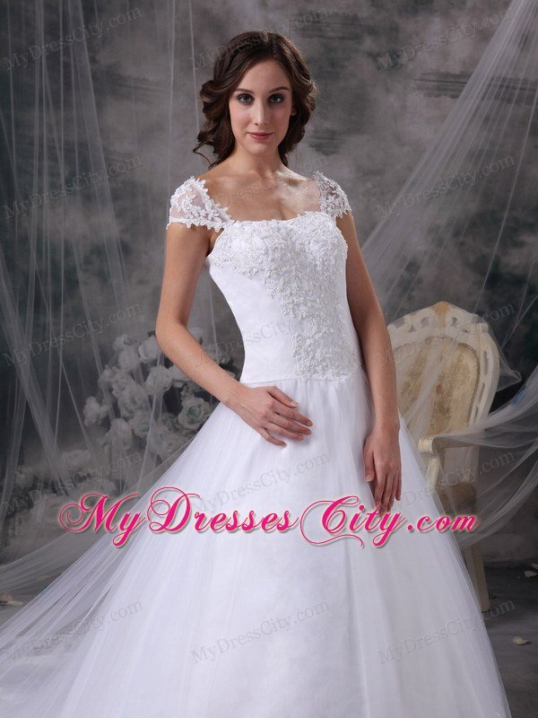 Romantic A-line Square Court Train Lace Wedding Dress with Cap Sleeves