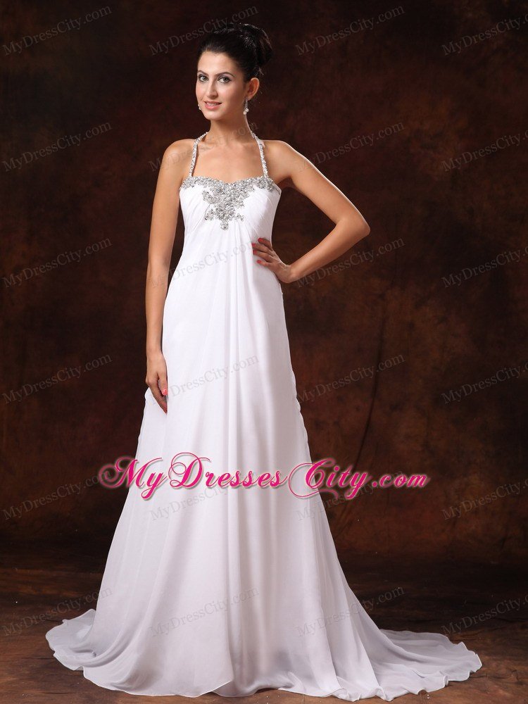 Empire Halter Top Beading Beach Wedding Dresses with Court Train