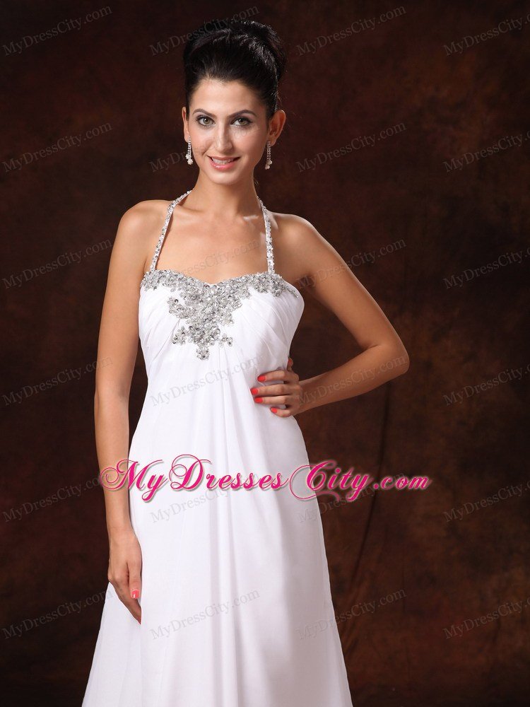 Empire Halter Top Beading Beach Wedding Dresses with Court Train