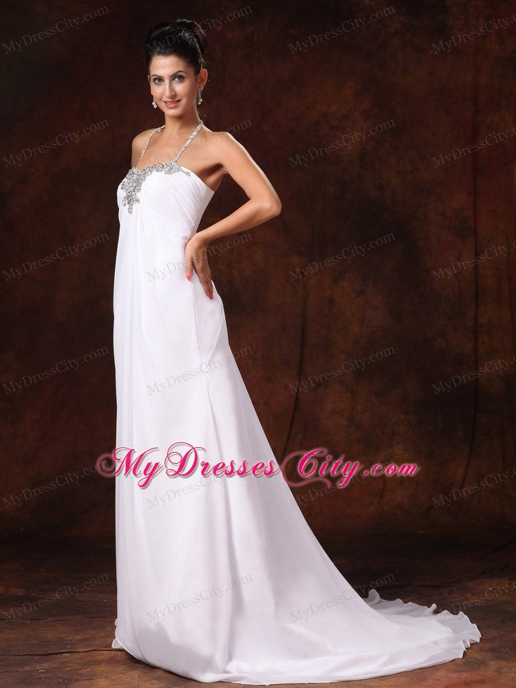 Empire Halter Top Beading Beach Wedding Dresses with Court Train