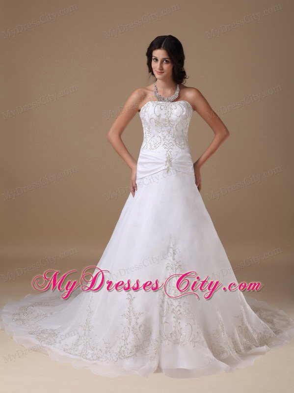 A-line Strapless Chapel Train Embroidery Romantic Wedding Dress