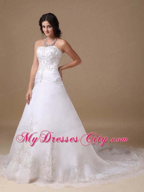 A-line Strapless Chapel Train Embroidery Romantic Wedding Dress