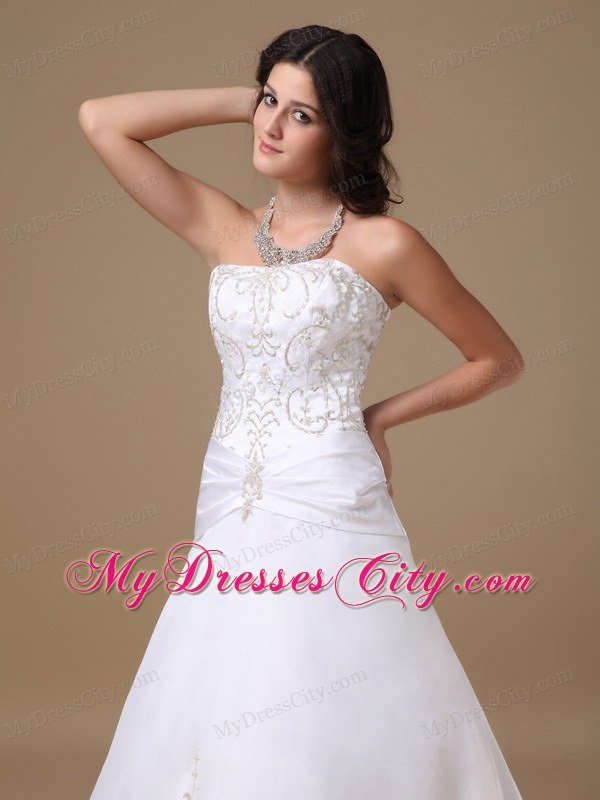 A-line Strapless Chapel Train Embroidery Romantic Wedding Dress